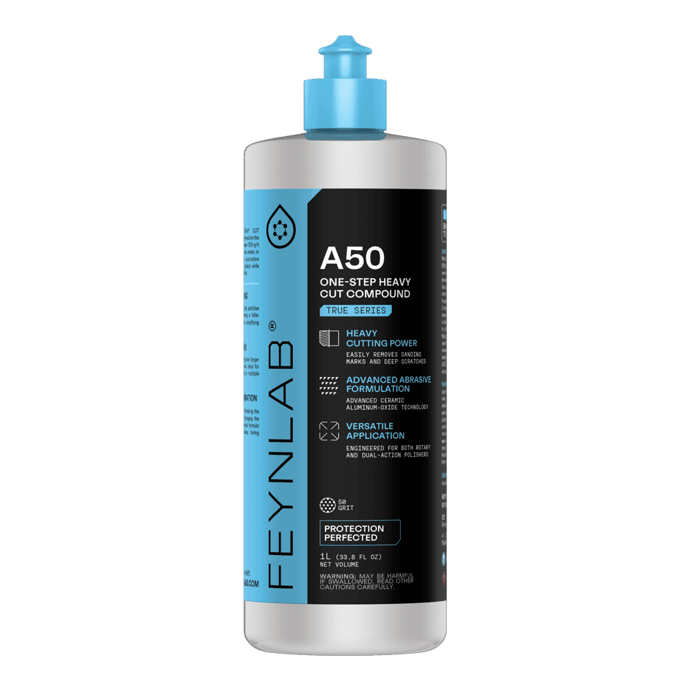 Přední strana lahve FEYNLAB A50 Super Heavy Cut Compound 1L - extrémně hrubá brusná pasta