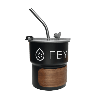 Matně černý nerezový termohrnek FEYNLAB Metal Mug s dřevěným dekorem a kovovým brčkem
