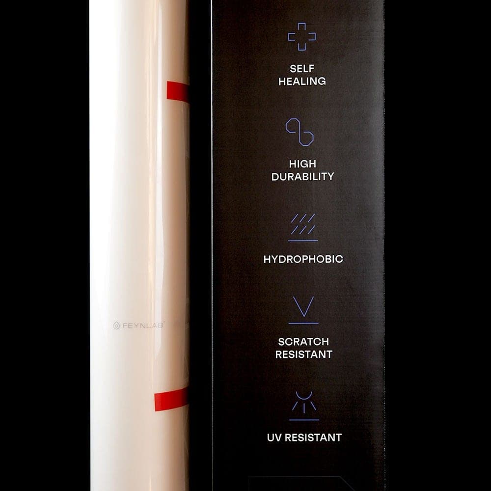Detail ikon na balení FEYNLAB PPF Flex Matte zdůrazňující klíčové vlastnosti jako je samohojení a hydrofobita.