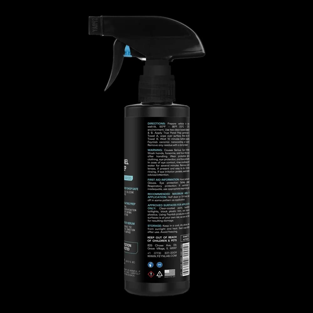 Zadní strana FEYNLAB Panel Prep 500ml s detailním návodem k bezpečnému odmaštění laku