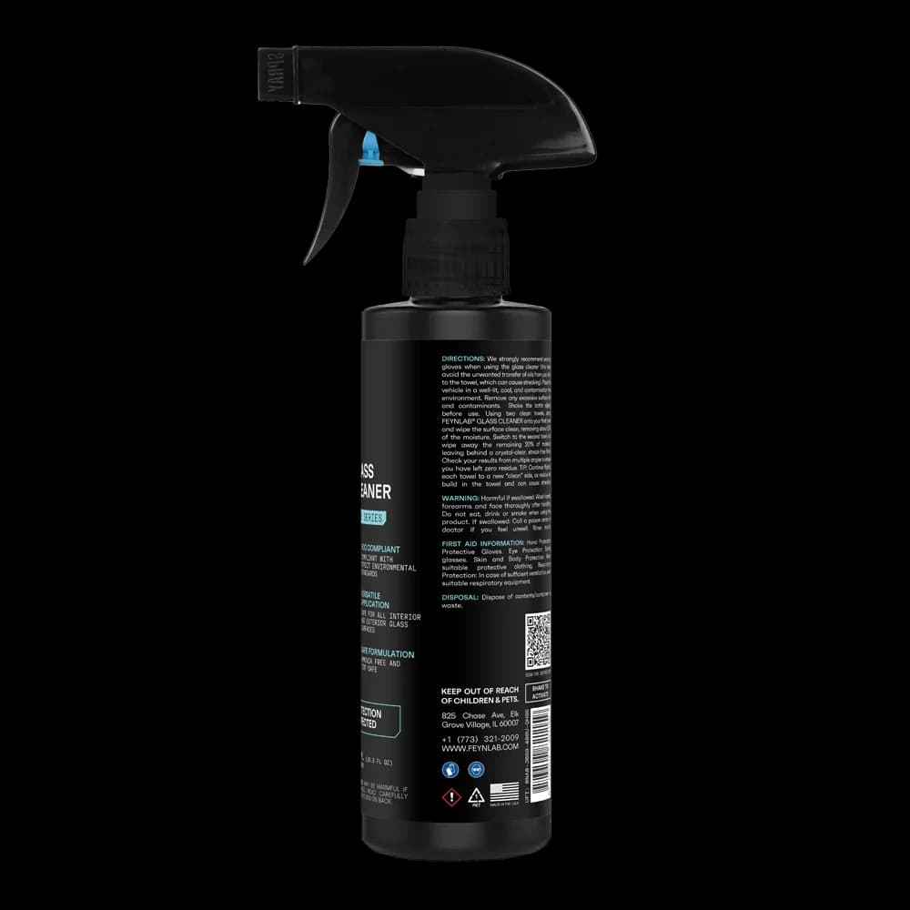 Zadní strana FEYNLAB Glass Cleaner 500ml s detailním návodem na bezpečné a efektivní čištění skel