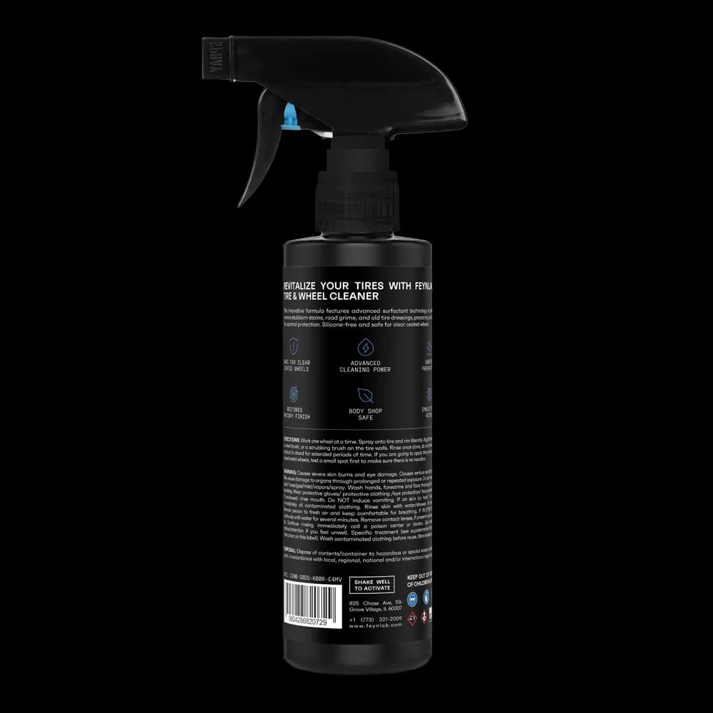 Zadní strana FEYNLAB Tire & Wheel Cleaner 500ml s popisem bezpečné technologie pro lakované disky a odstranění hnědnutí pneu