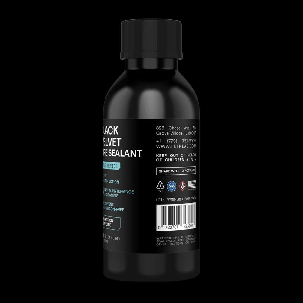 Zadní strana FEYNLAB Black Velvet Tire Sealant 120ml s bezpečnostními pokyny a detaily o výrobci